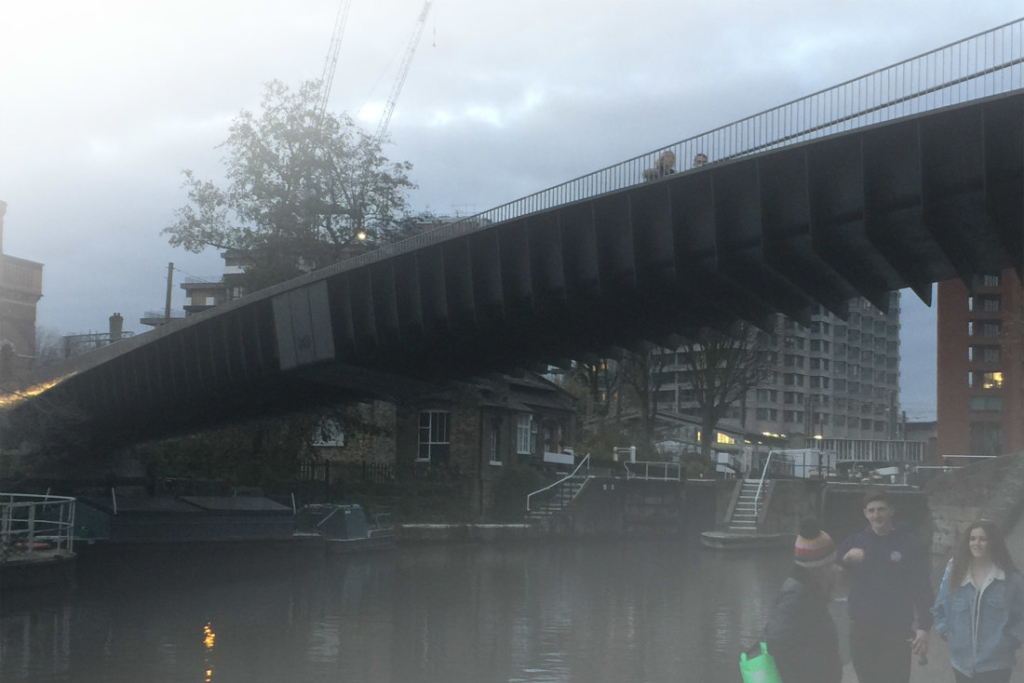 Pedestrian and bicycle bridge over Regents Canal in London known as ‘Somers Town Bridge’.