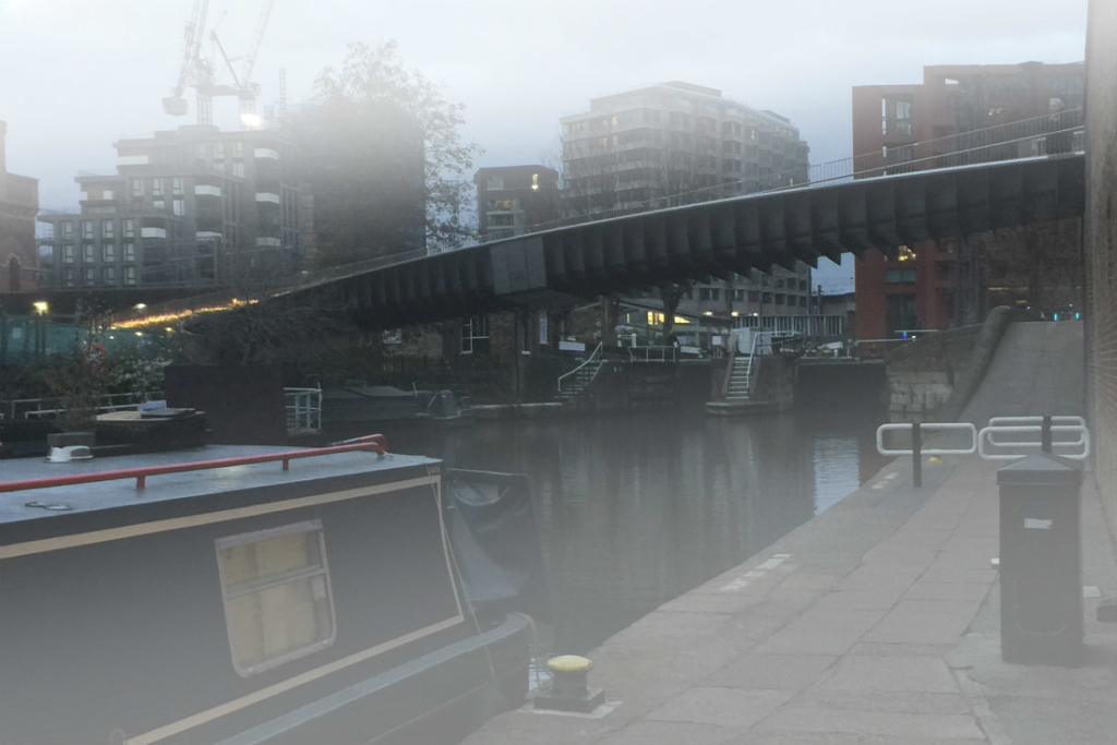 Pedestrian and bicycle bridge over Regents Canal in London known as ‘Somers Town Bridge’.