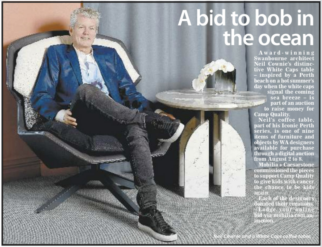 News clipping of Neil Cownie seated next to his White Caps coffee table in The Post newspaper
